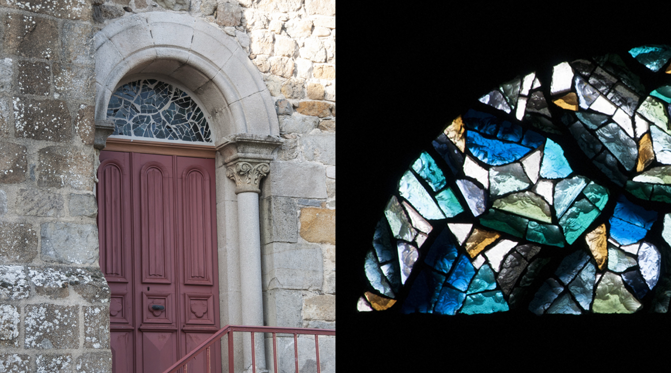 Vitrail en dalle de verre, bleu vert - réalisé pour l'église St Jean Baptiste à Retournac en Haute-Loire